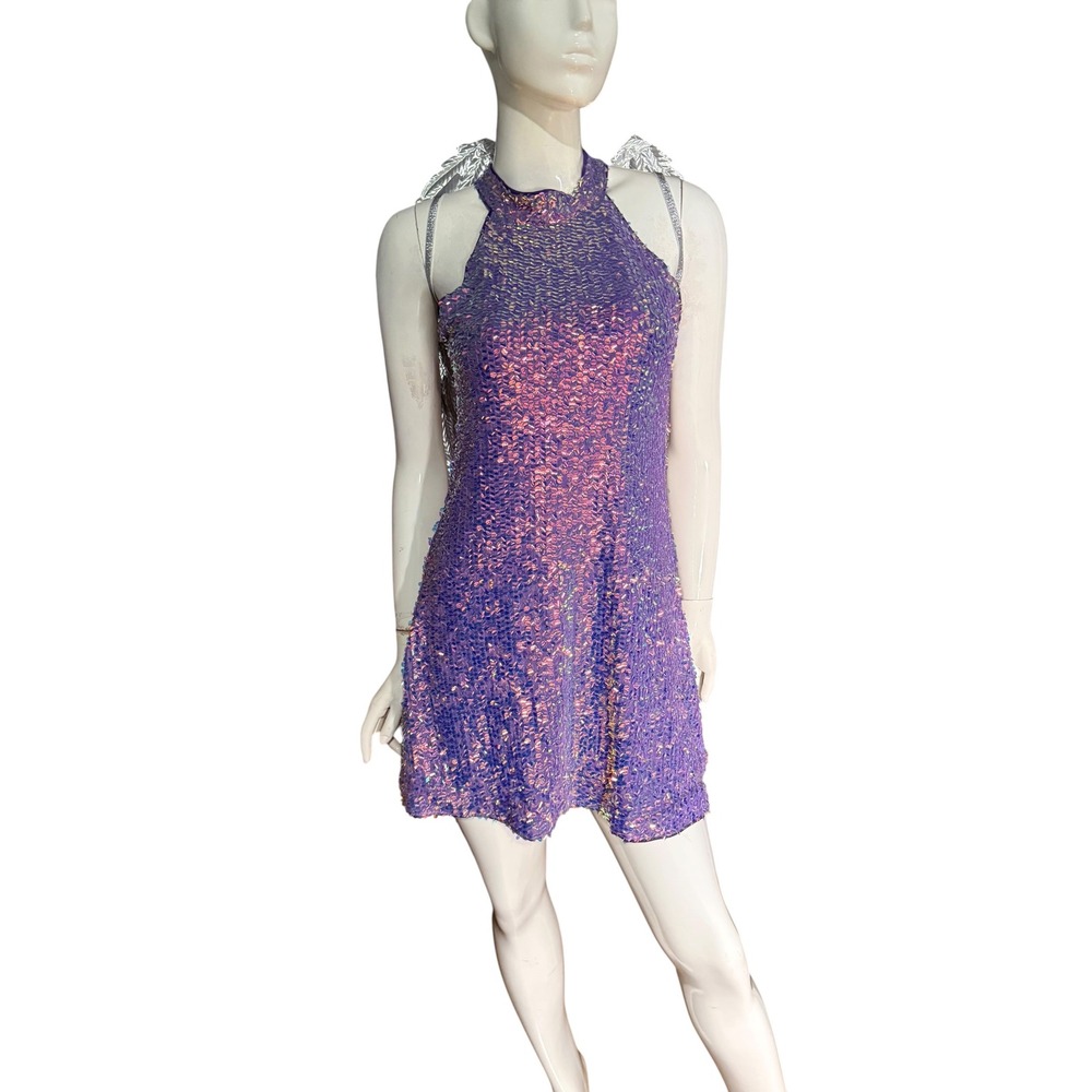 Shein Purple Iridescent Sequin Halter Mini Dress Fairycore Bodycon Size 6 M